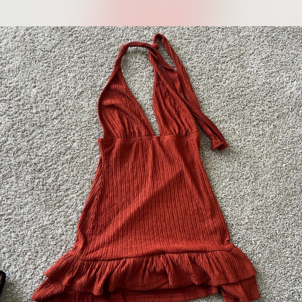 Rust Halter Neck Dress with Ruffle Hem